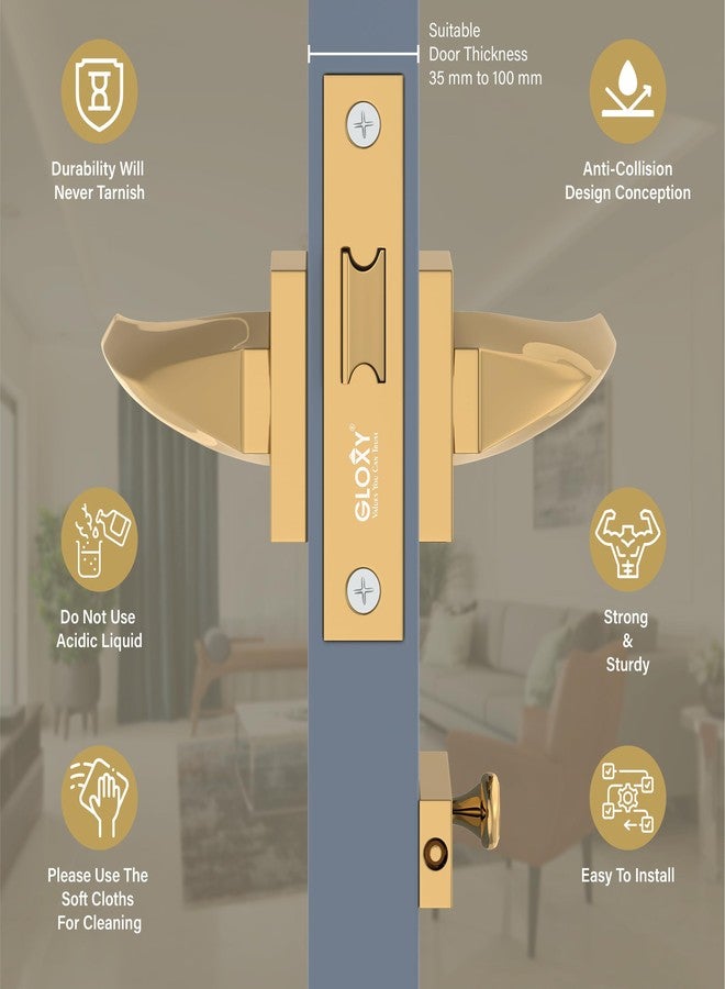 GLOXY Brass Door Lock Set for Bathroom, Mortise Door Lock Handle Set for Balcony, Keyless Lock Handle Set for Storeroom |Gold Finish (2 Years Warranty, Pack of 1) - Image 2